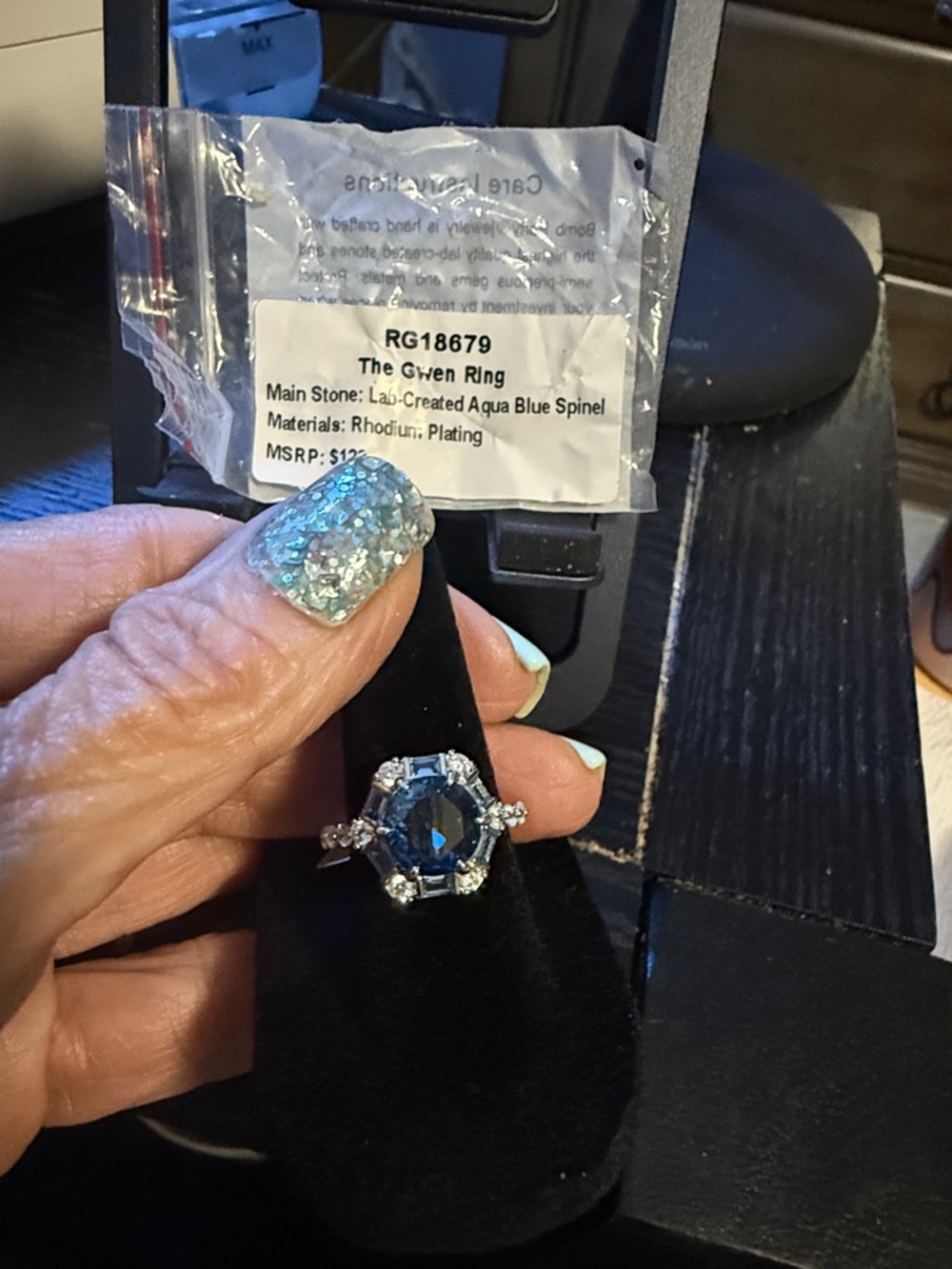BP “The Gwen Ring” Aqua Blue with Clear Accent Stones on rhodium plating